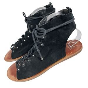 GIANNI BINI! BLACK GENUINE SUEDE LEATHER GREEK STYLE LACE-UP/ZIP SANDALS! SZ 10M